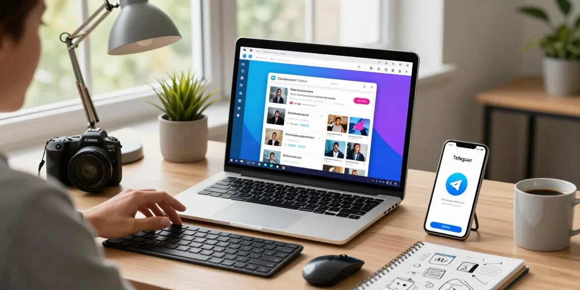Interactive user exploring Telegram Web Version on a laptop in a dynamic workspace.