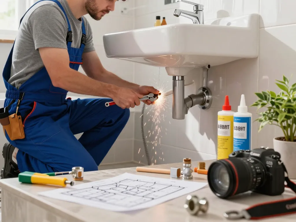 Plumber installing a sink in a bright bathroom, showcasing expert plumbing services.