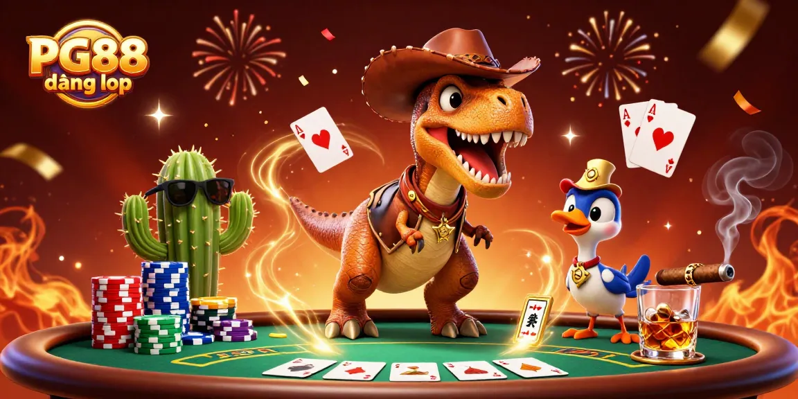 Join the excitement with PG88 đăng nhập at a vibrant 3D casino scene featuring dynamic characters and poker elements.