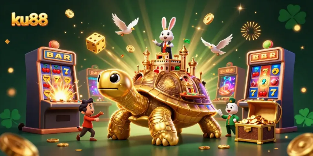 Experience the lively character of ku88 in a vibrant 3D casino scene with a golden tortoise and a rabbit dealer.