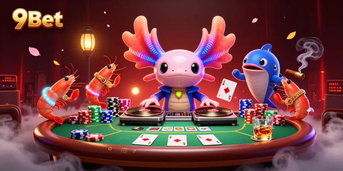 Experience the vibrant 9Bet casino atmosphere with a colorful 3D illustration featuring lively characters and poker elements.