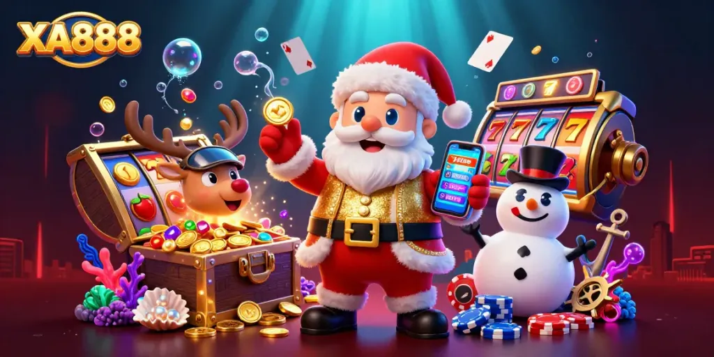 XA888 showcases a festive illustration of Santa in a casino environment with slot reels and playful characters.