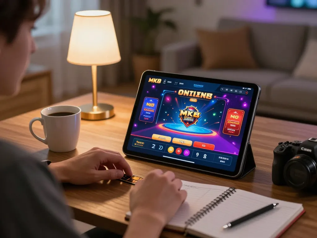 Player using a tablet for MK8 online casino gaming with betting strategies in a cozy setting