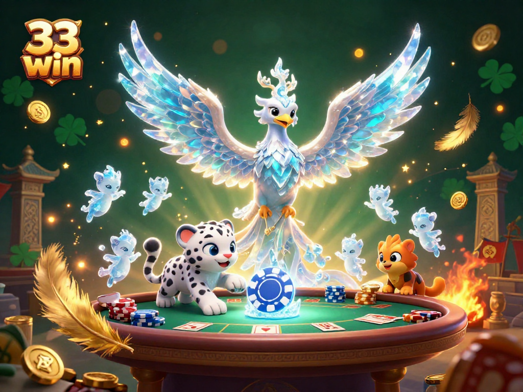 Engage in thrilling poker adventures with 33 win featuring an ice phoenix, snow leopard cub, and lively sprites.