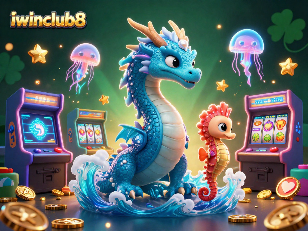 Experience thrilling gameplay at iwinclub8 with a vibrant casino scene featuring an azure dragon and slot machines.