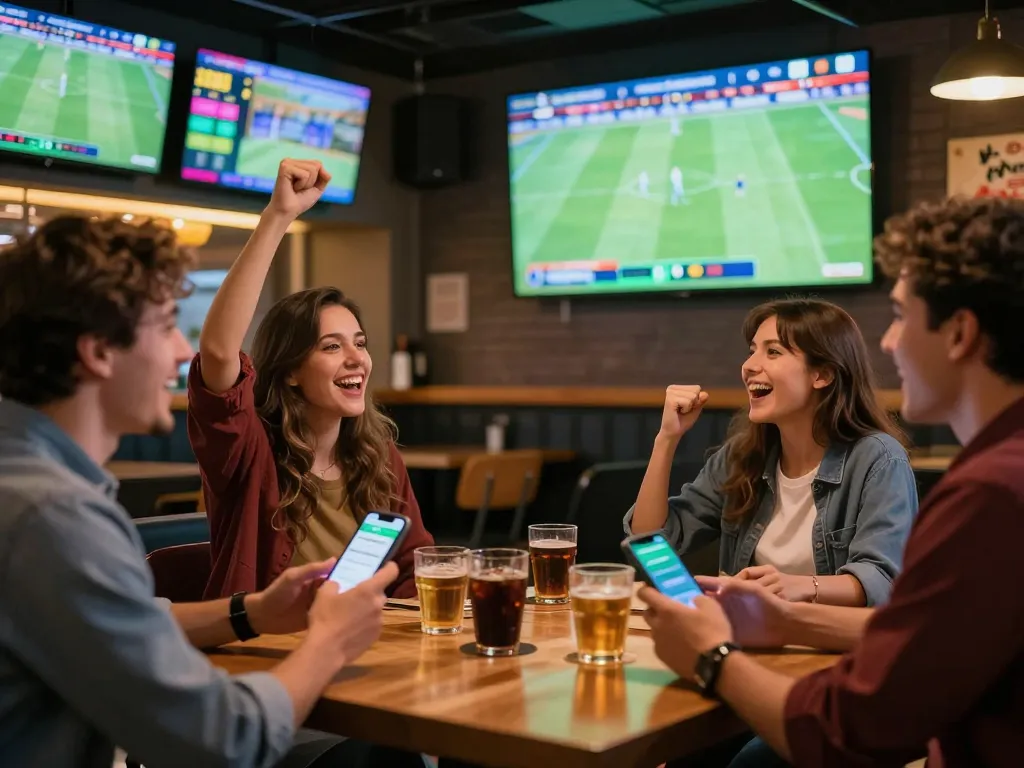 Exciting social moment at a sports betting venue with friends using a betting app, showcasing trang cá cược bóng đá activities.