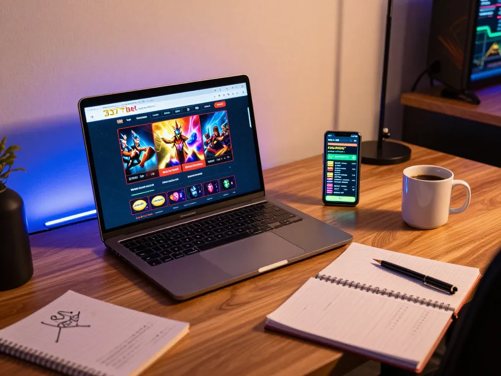 Cena envolvente de jogos online na 337bet com laptop exibindo a interface do cassino e as odds esportivas