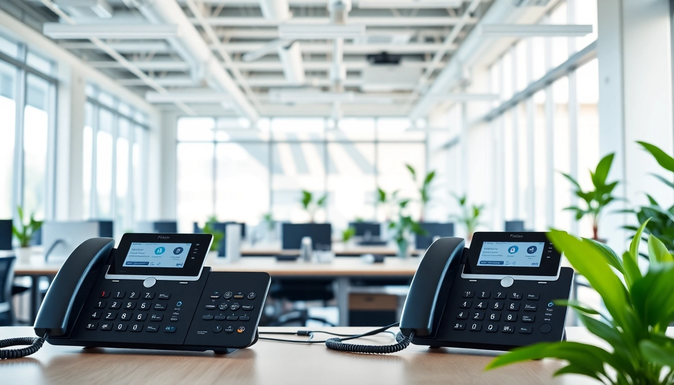Showcasing modern office phone systems in a bright and professional workspace setting.