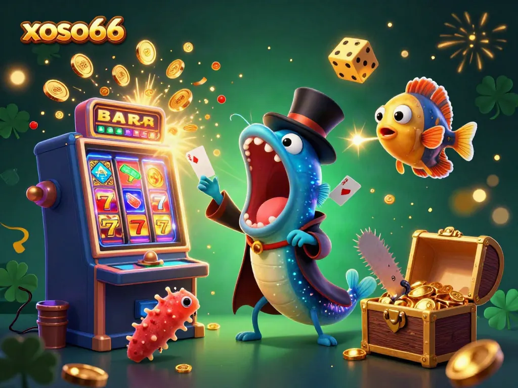 Engage with the thrilling xoso66 casino scene featuring a magical deep-sea spectacle of cartoon characters and gaming elements.