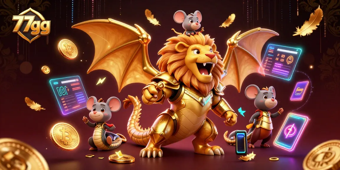 Experience thrilling gambling action with 77gg's dynamic 3D illustration of a powerful chimera and crypto elements.