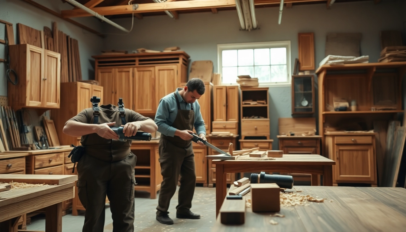 Cabinet makers skillfully crafting wooden cabinets in a vibrant workshop.