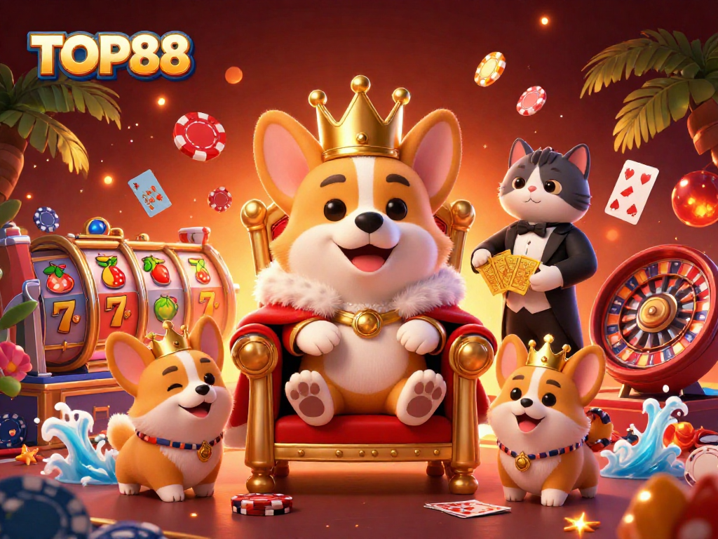 Experience thrill and excitement with TOP88 in this vibrant casino-themed illustration featuring 3D characters.