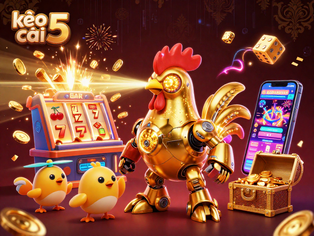 Engage in vibrant gaming action with kèo nhà cái 5 showcasing a futuristic rooster robot in a casino explosion.