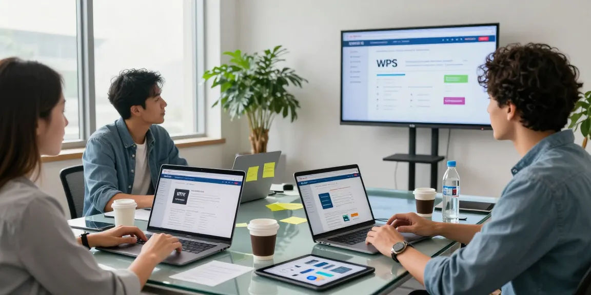 Team collaborating in modern office discussing WPS Official Website features, showcasing innovative workspace.