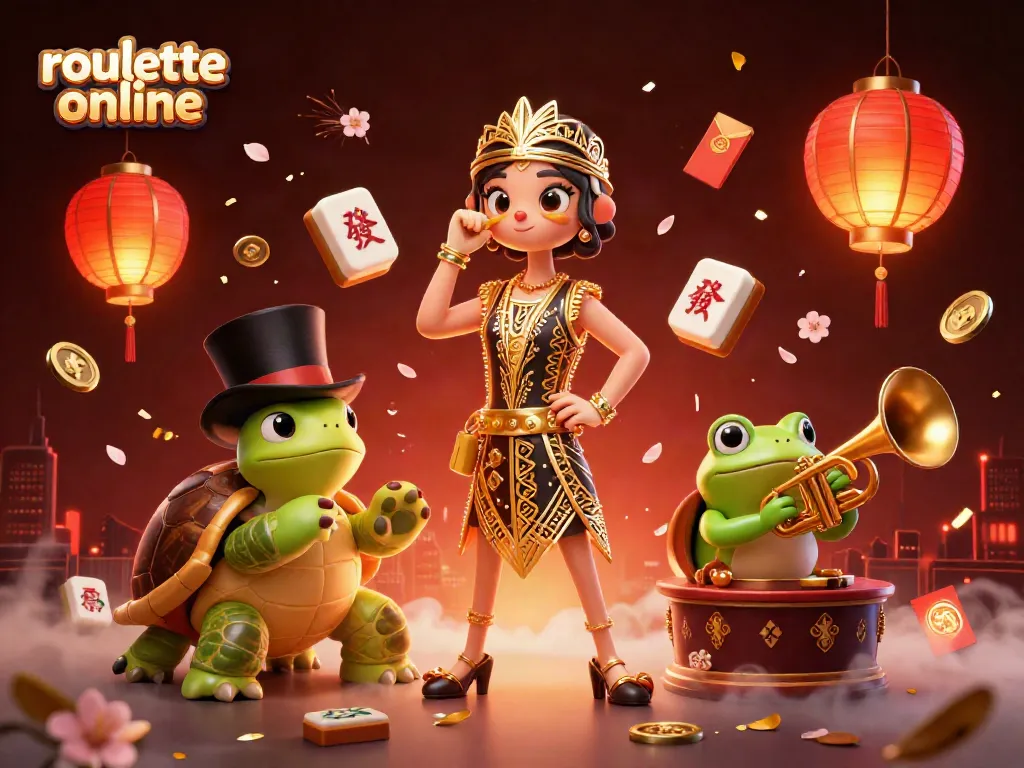 Spin the wheel of roulette online with vibrant characters and festive elements in a lively scene.
