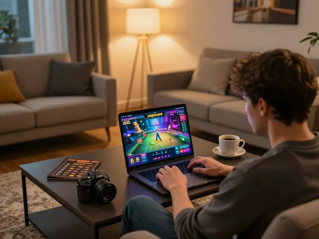 Play online slots at jogoluck with an inviting home setup highlighting a laptop displaying the game interface.