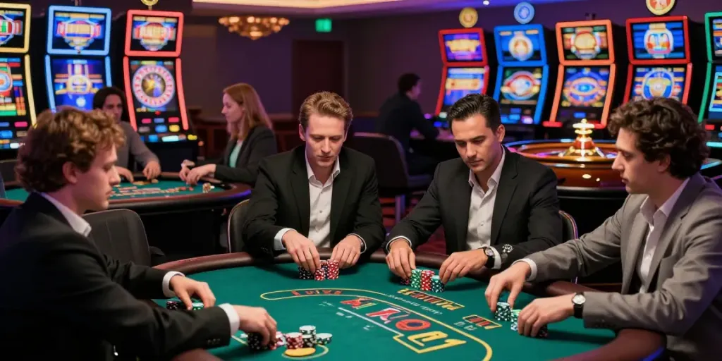 Diverse players enjoying the excitement of betting at FC88, showcasing poker and roulette in a luxury casino.