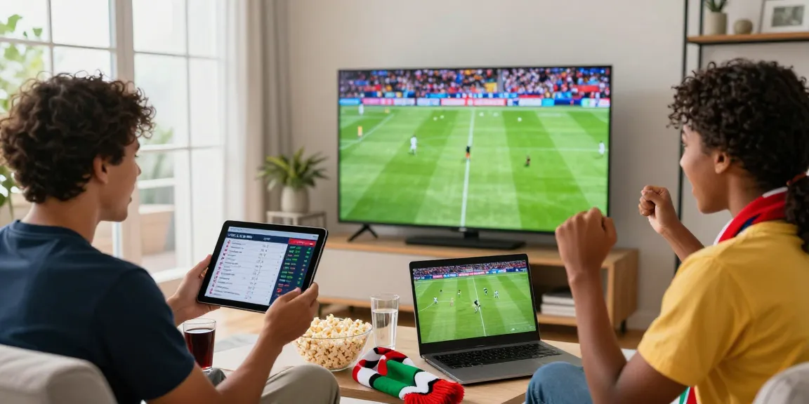 Friends enjoying a live football match on Multicanais in HD with enthusiastic expressions and snacks.