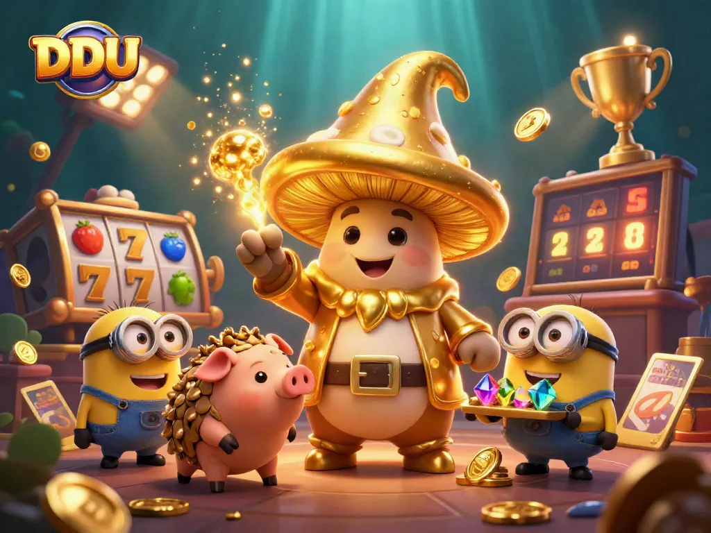 Experience thrilling DDUU gameplay with enchanting visuals of a golden wizard and casino elements.