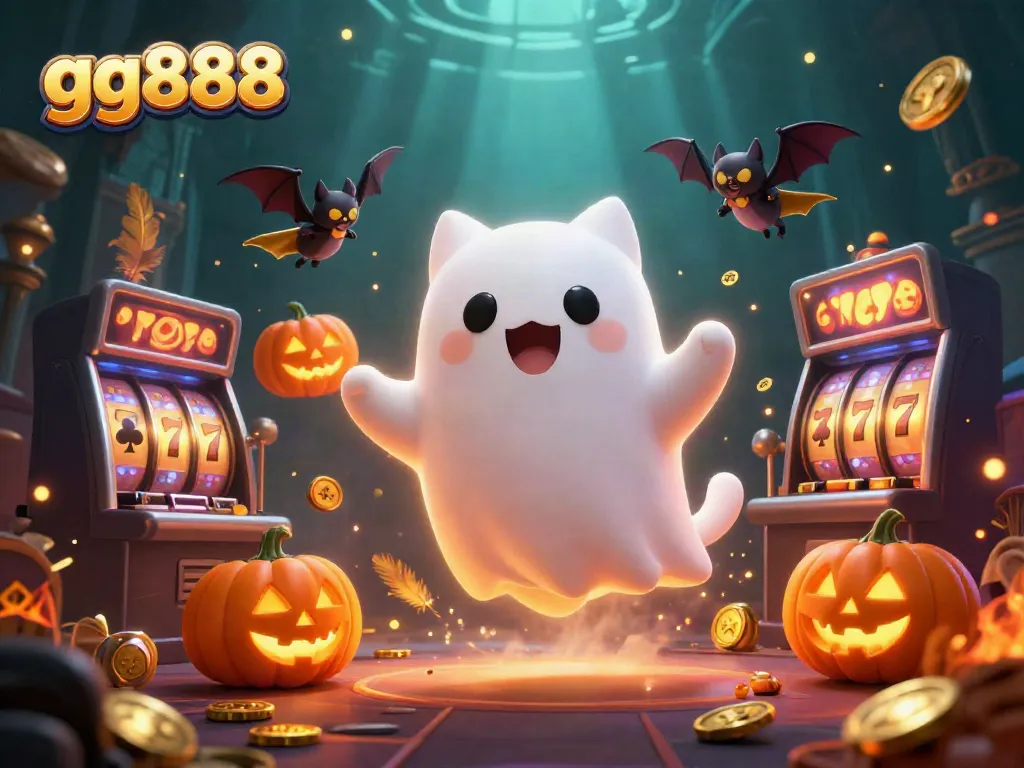 Engage with gg888's thrilling atmosphere in this vibrant 3D casino illustration featuring ghostly characters.