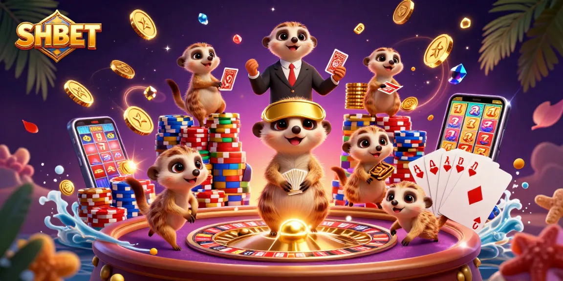 SHBET meerkats managing a vibrant casino with gold coins and colorful chips flowing in a lively scene.
