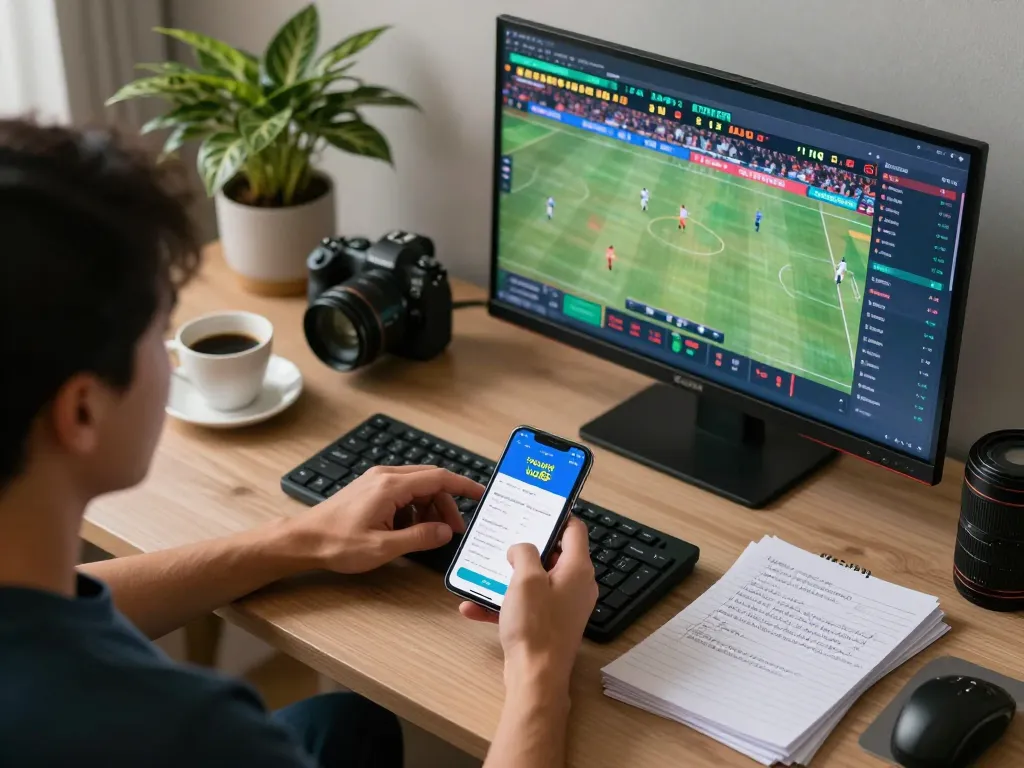 Engaging with trang chủ uu88 app while betting on live sports events at a modern desk.