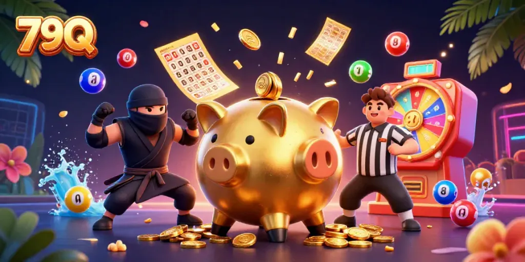 Experience thrilling fun at 79Q with a dynamic gold piggy bank wrestler amidst vibrant lottery elements.