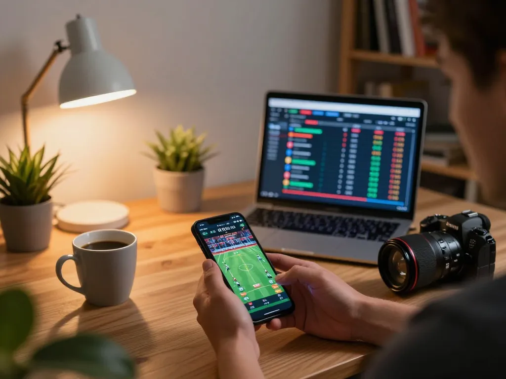 rokok88 engaging in mobile sports betting with smartphone in stylish home setup
