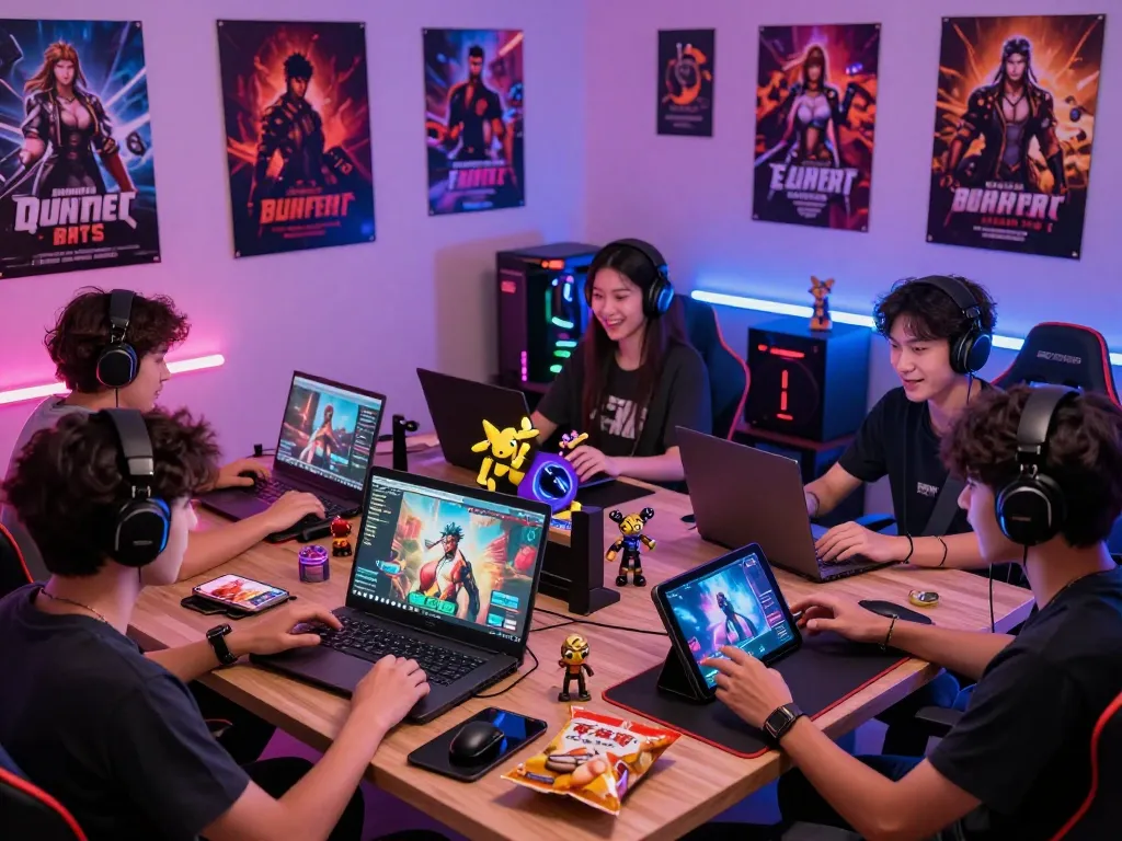 Gamers enjoying adult games on multiple devices in a cozy and vibrant setting.
