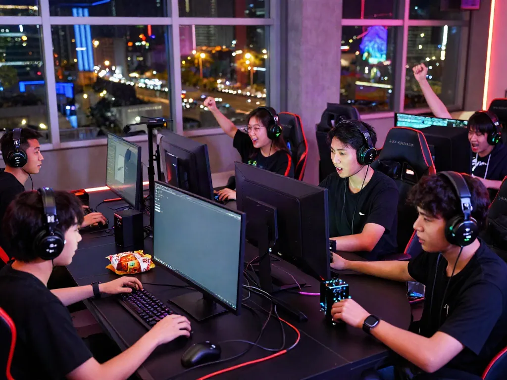 Engaging online gaming experience at https://man88.hair/ with diverse players and vibrant setup.
