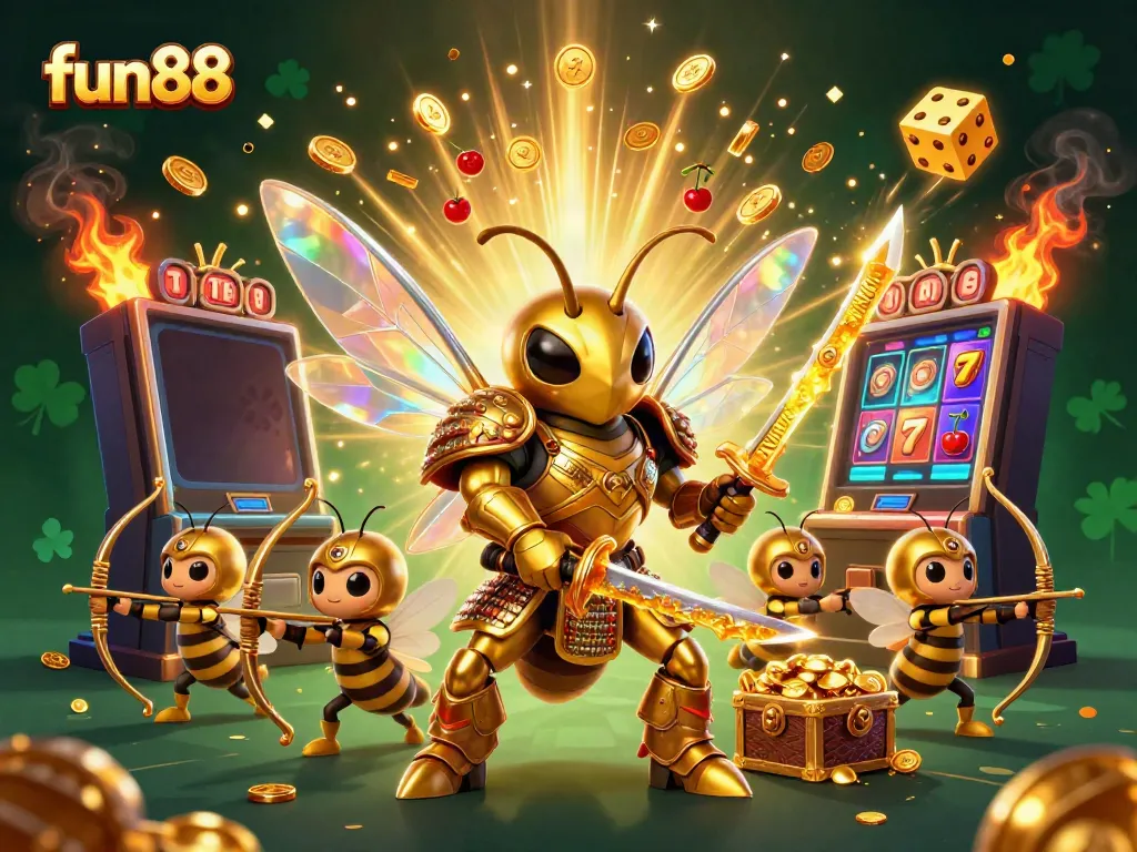 Experience fun88's thrilling action with a vibrant 3D hornet in samurai armor and slot machine exploding with gold.