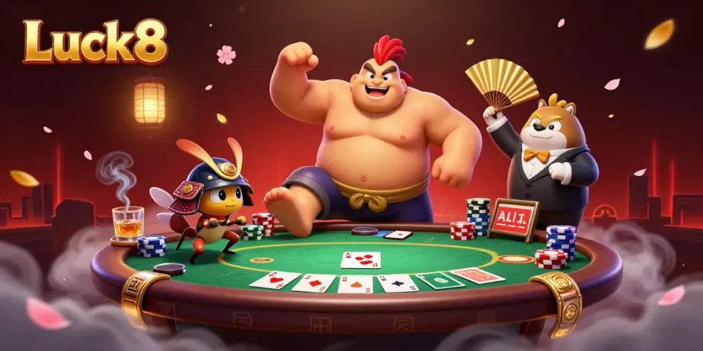 Luck8 showcases a lively gambling scene with a sumo wrestler, cricket, and tanuki amidst poker elements.