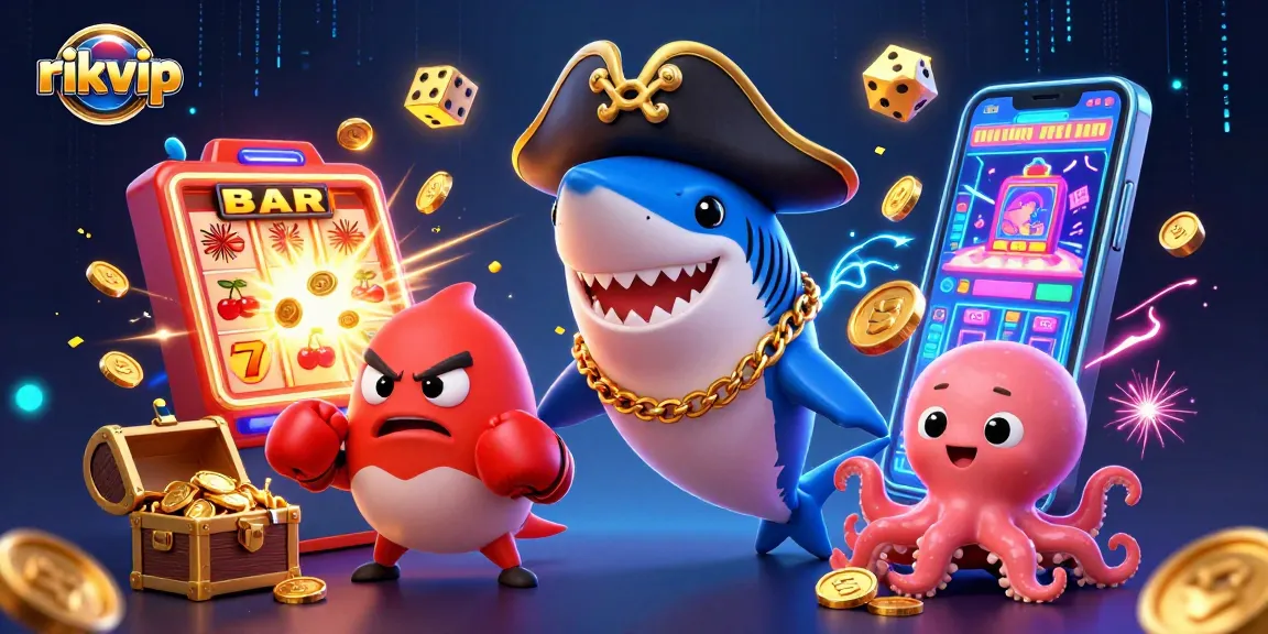 Join the fun at rikvip with a cartoon pirate shark, pufferfish, and octopus in a vibrant casino scene.