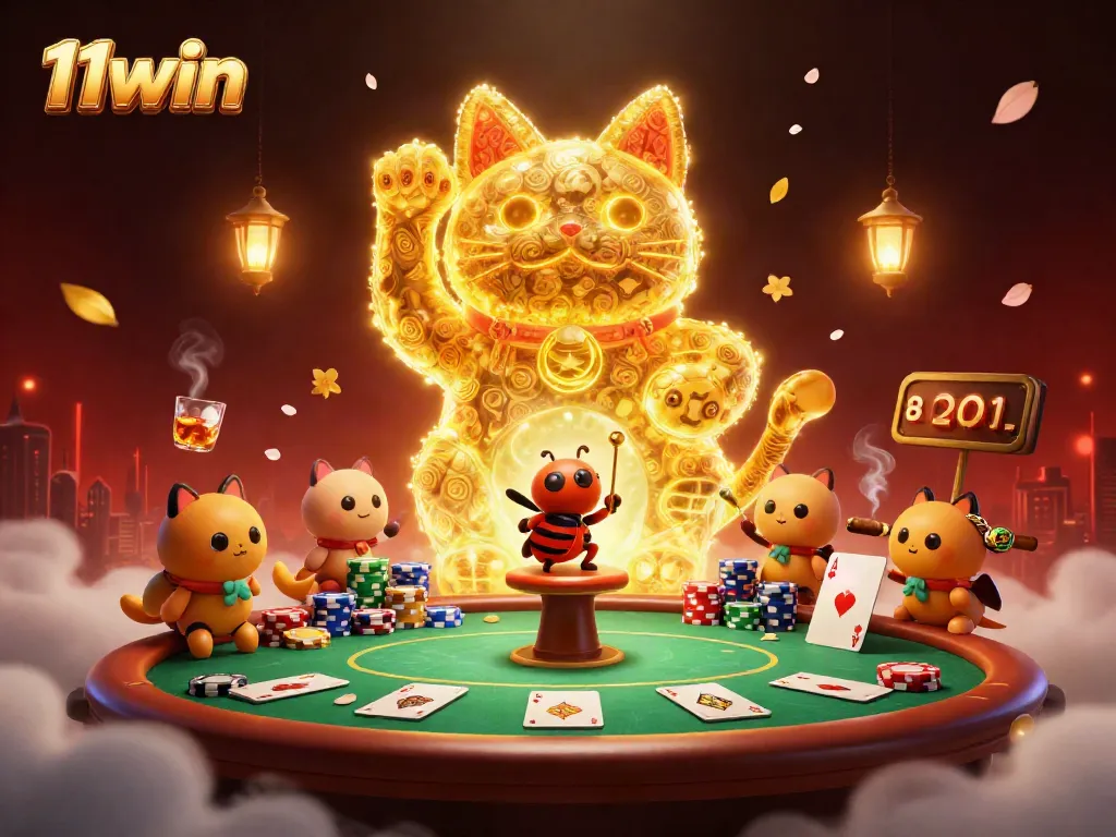 Engage with exciting 11win casino gameplay, featuring a lucky cat and vibrant game elements.