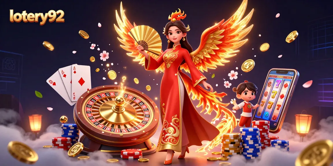 Experience excitement with lotery92, featuring a stunning scene of gambling elements and a graceful woman.