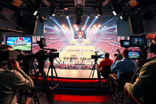 Dynamic sports broadcasting scene showcasing excitement and professional setup.