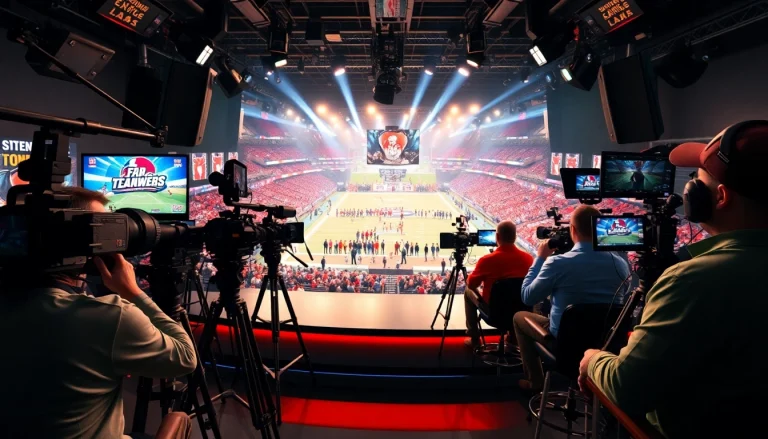 Dynamic sports broadcasting scene showcasing excitement and professional setup.