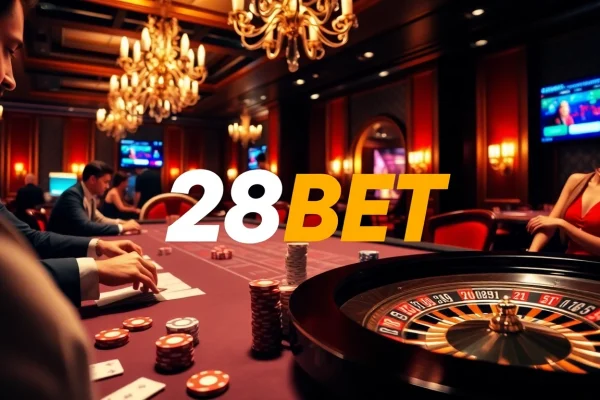 Exciting casino action with players at 28BET gaming table, showcasing vibrant betting elements.