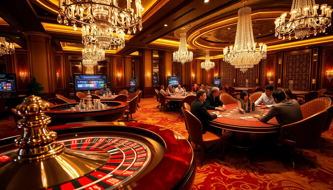 Entusiastas de jogos de azar jogando roleta e pôquer em um cassino luxuoso, destacando a emoção do 69T.