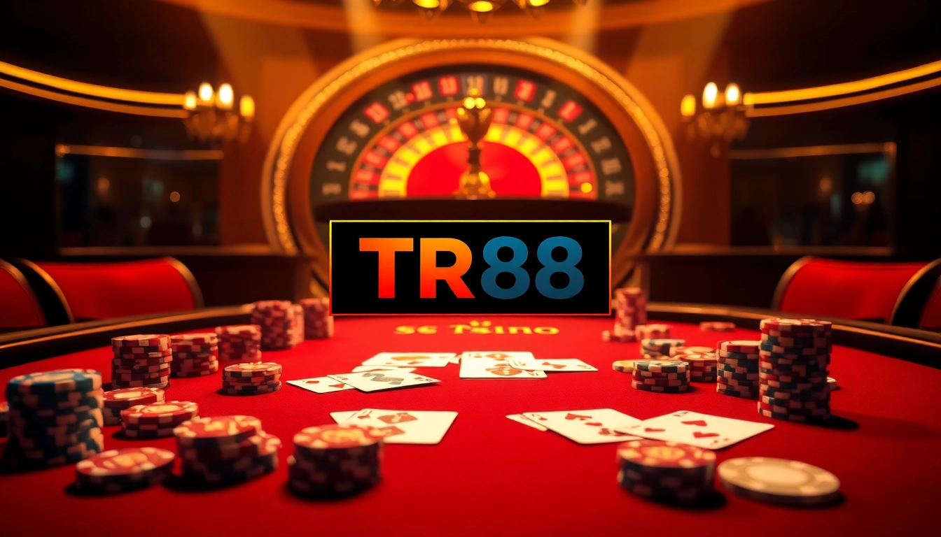 Experience the thrill of TR88 at a vibrant casino table with poker chips and playing cards.