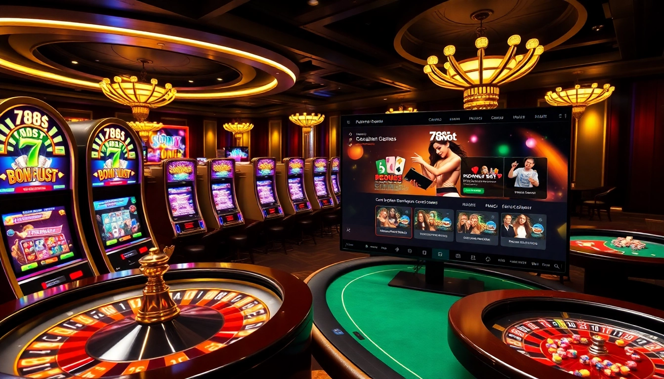 Experience thrilling gaming action on the 788t platform with vibrant slot machines and roulette wheels.