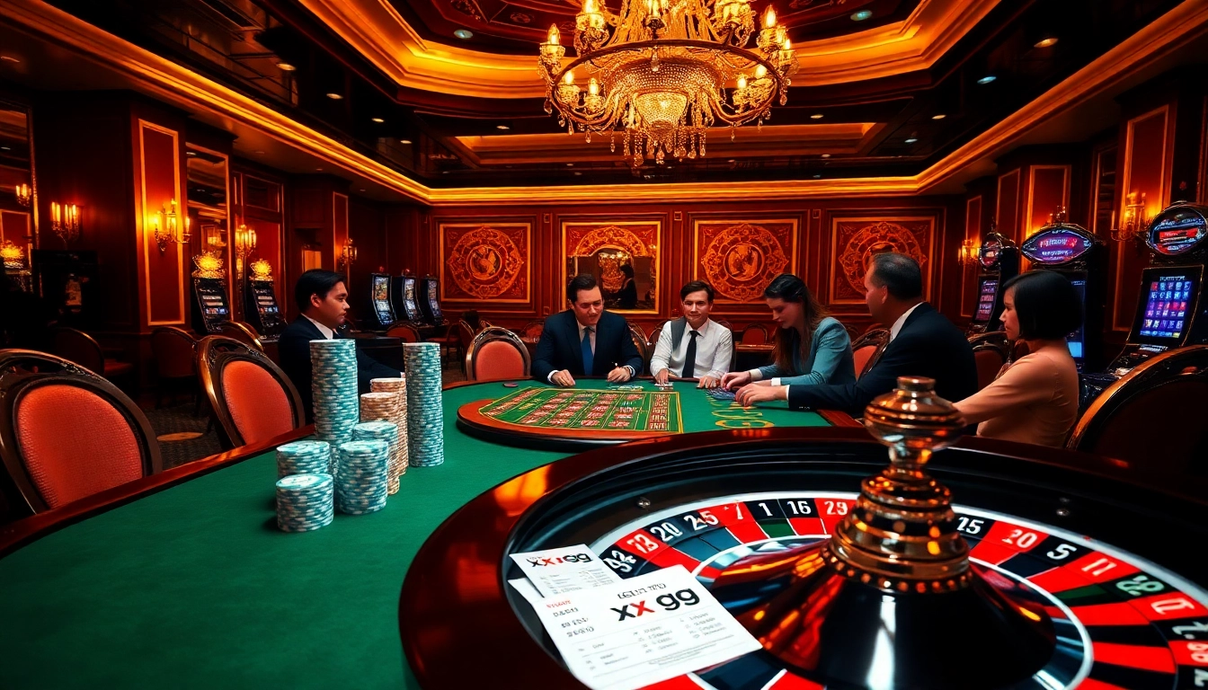 Poker players strategizing at an elegant table in a luxurious casino setting themed around xx gg.