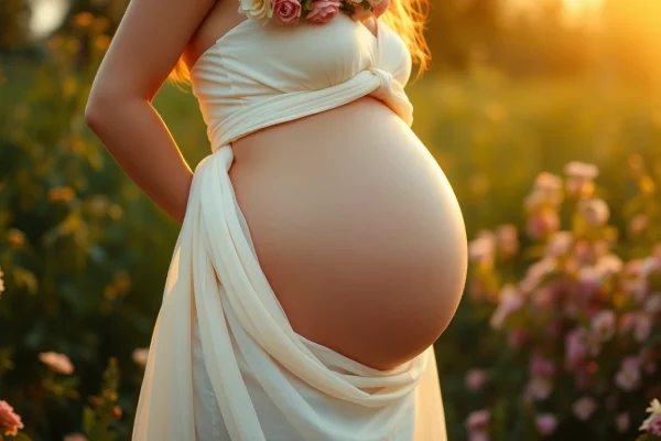 Lovely Babybauch Fotoshooting showcasing a pregnant woman in nature, highlighting her baby bump with serene warmth.