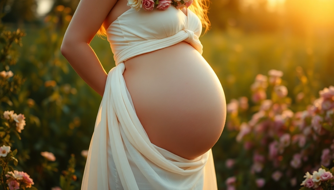 Lovely Babybauch Fotoshooting showcasing a pregnant woman in nature, highlighting her baby bump with serene warmth.