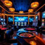 X 333 casino players placing strategic bets at glowing roulette and poker tables